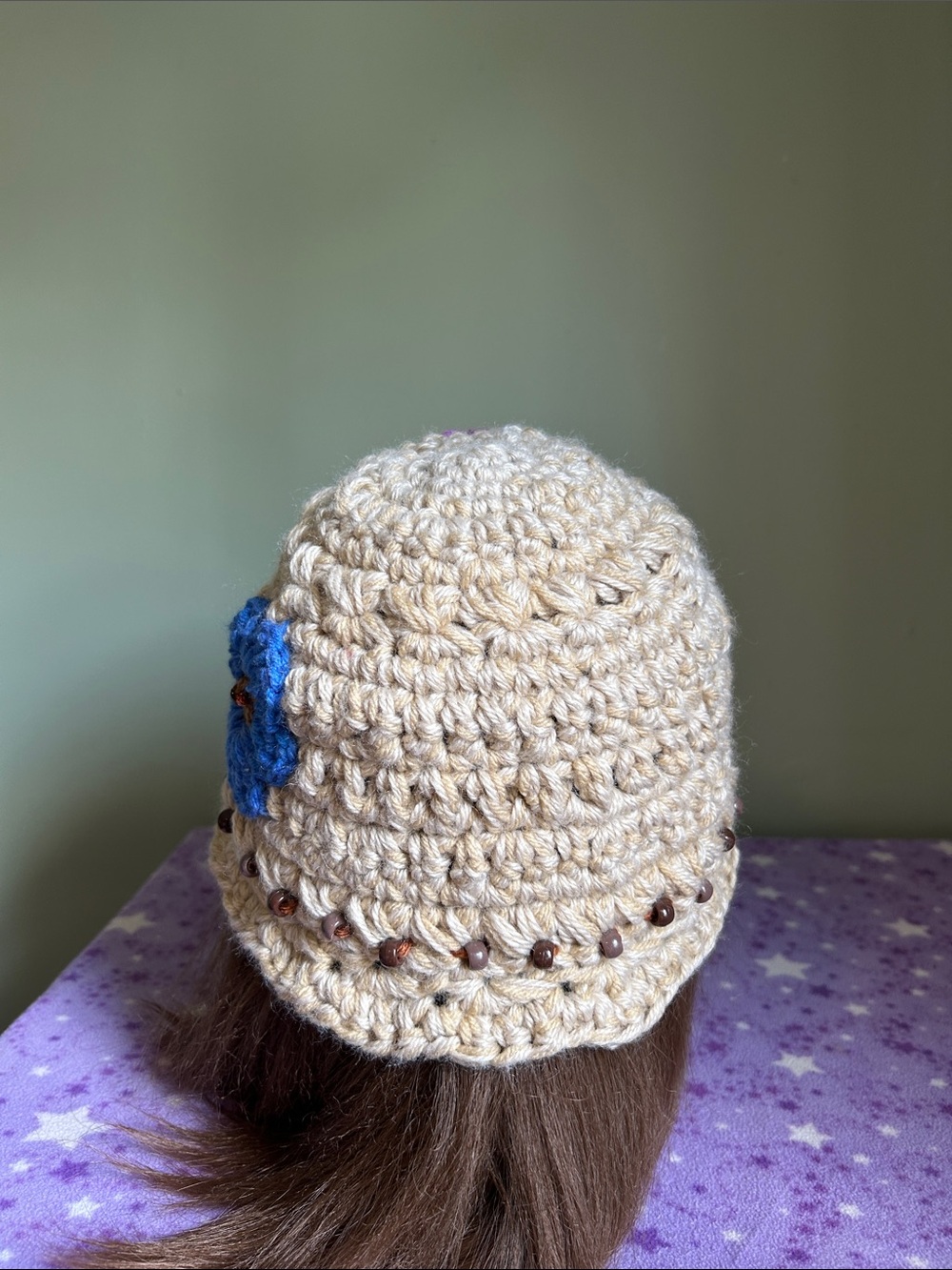 Crochet Flower Beanie with Turquoise and Purple Accents acrylic hemp yarn - Picture 5 of 8